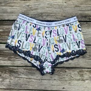 Victorias Secret NWOT Logo Print Lace Trim Pajama Shorts Size Small